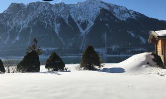 A snowy landscape with majestic mountains in the background. In the foreground, there are snow-covered bushes and a part of a wooden house visible.