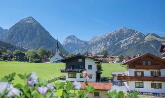 A picturesque alpine landscape with mountains and a clear blue sky. In the foreground, charming houses and blooming plants can be seen.