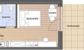 A floor plan drawing of an apartment with one bedroom, a dining area, and a bathroom. The terrace is also included.