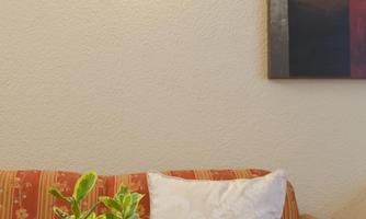 A cozy living room with a red sofa and decorative cushions.  
On the table, there is a small plant and a piece of artwork hangs on the wall.