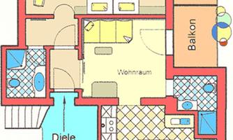 A simple floor plan drawing of an apartment with a bedroom, living room, and kitchen. Two balconies are also drawn.