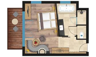 A modern room layout with a bedroom, a bathroom, and a living area. The space is designed to be bright and inviting, with a cozy furniture arrangement.