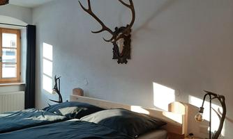 A cozy bedroom with a double bed and dark bed linens. A deer antler hangs on the wall and there is a nightstand with a lamp.
