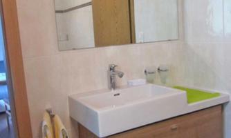 A modern bathroom with a white sink and a wooden base. In the background, a mirror and a green shelf can be seen.