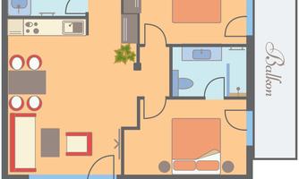 A simple floor plan of an apartment with two bedrooms, a living room, and a kitchen. On the right side, there is a balcony.