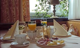 A beautifully set table with various foods and drinks. In the background, plants and a windowsill can be seen.