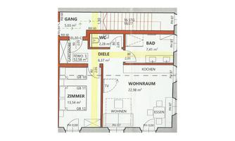 A floor plan of an apartment with various rooms. The main areas are the living room, the kitchen, and the bathroom.