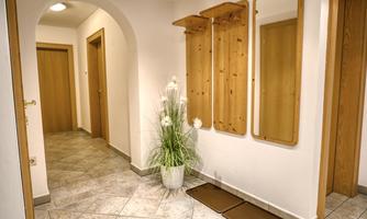 A bright hallway with a potted plant and several mirrors on the wall. The floor is tiled with gray tiles and there are wooden panels on the doors.