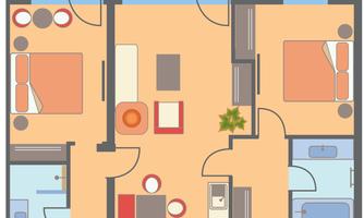 A clear apartment layout with two bedrooms, a living room, and a kitchen. The rooms are brightly designed and well arranged.