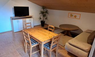 A cozy living area with a wooden dining table and chairs. In the background, there is a television and a plant, and there is a sofa in the corner.