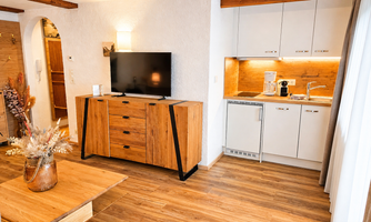 A modern apartment with wooden floors and a cozy living area. The kitchen is well-equipped and offers an open space to relax.