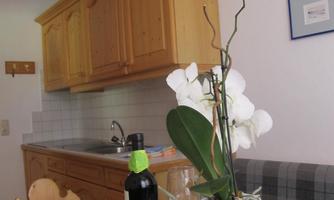 A cozy dining area with a wooden kitchen in the background. On the table are an orchid, a bottle of wine, and glasses.