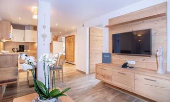 A modern kitchen-living room with wooden shelves and a television. The room is bright and inviting, with a beautiful plant on the table.
