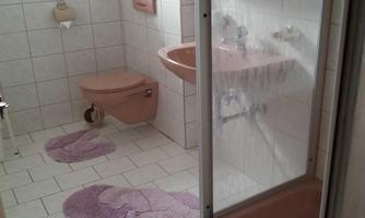 A bathroom with pink sanitary fixtures and tiles. There is a shower with a glass partition and a toilet area.
