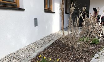 A beautiful front yard with blooming daffodils and bare shrubs. The window frames are made of wood and the house has a light facade.