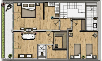 A modern apartment with open spaces and modern furnishings. The floor plan shows a bedroom, bathroom, and a living area.