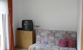 A simple living room with a sofa bed and a television. Bright walls and large windows create a friendly atmosphere.