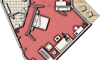 A stylish floor plan representation of a modern living space with a sleeping area, living room, and bathroom. The room features a bright color scheme and provides access to a small balcony.