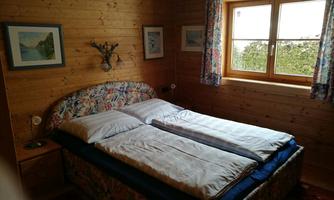 A cozy bedroom with a double bed and wood-paneled walls. Large windows let in plenty of light and provide a view of the greenery.