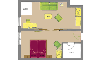 A floor plan drawing of a living room with two bedrooms. It shows furniture such as a sofa, table, bed, and a fireplace.