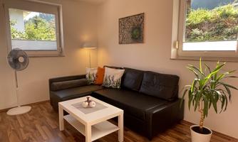 A cozy living area with a dark couch and colorful cushions. On the table, there is a small decoration, and plants as well as a fan complement the room.