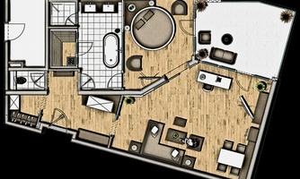 A modern apartment with an open floor plan. The space includes a living room, a bathroom, and a round dining area.
