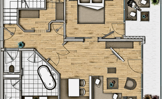 A floor plan of an apartment with multiple rooms. The plan shows a bedroom, a bathroom, and an open living area.