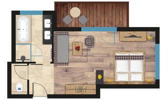A stylish room layout with a sleeping area, a living area, and a bathroom. The design features a bathtub and a small dining area.