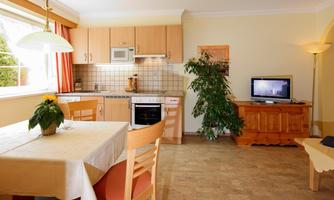 A bright and friendly apartment with a kitchen and a dining area. In the background, there is a television and a green plant adds life to the room.