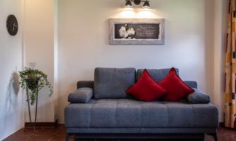 A cozy living room with a gray sofa and red pillows. On the wall hangs a picture and a decorative plant.