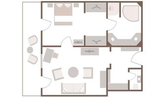 A simple floor plan drawing of an apartment with different rooms. The layout shows a kitchen, a living room, a bedroom, and a bathroom.