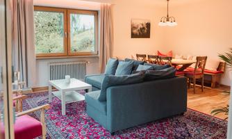 Cozy living room with a gray sofa and a coffee table. In the background, there is a dining table with chairs and a window that lets in daylight.