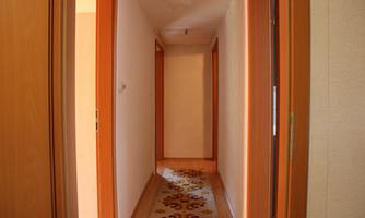 A narrow hallway with bright walls and a carpet in warm colors. The doors to the rooms are made of wood and the space feels inviting.