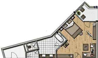 A modern apartment with an open living area and a bedroom. The bathroom is visible, as well as a cozy sitting area with plants.
