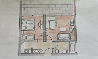 A sketch of an apartment with two bedrooms, a living area, and a bathroom. There is space for up to five people and a terrace.