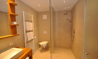 A modern bathroom with a spacious shower and elegant fixtures. The walls are bright, and the decor is simple and stylish.
