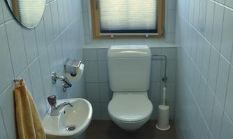 A small bathroom with modern tiles. There is a toilet, a sink, and a window with a roller shutter.