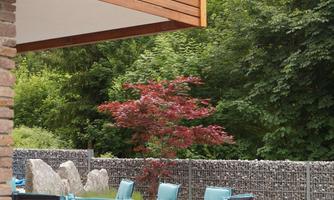 A beautiful patio with a table and chairs in a quiet garden. In the background, green trees and a colorful plant are visible.