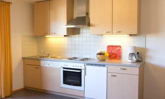 A modern kitchen with light wood cabinets and a cooktop. The amenities include an oven, dishwasher, and a microwave.