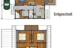 A floor plan drawing of a house with ground floor and attic. The ground floor shows an open living area, while the attic has two bedrooms and a bathroom.