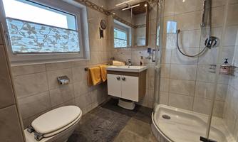 A modern bathroom with a shower and toilet. The room is bright and clean, tiled with white tiles and features a wood ceiling.