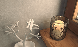An elegant jewelry stand in the shape of a tree stands next to a decorative glass with a burning candle. The background is simple and modern.
