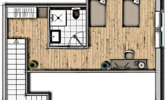 A floor plan of a living space with two bedrooms, a bathroom, and an open kitchen. The floor is made of wood and there are some plants in the room.