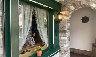 A cozy entrance area with a green window and a decorative curtain. Next to the window stands a small flower pot, and in the background, you can see a stone arch.