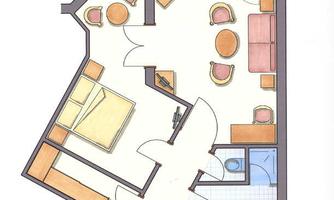 An apartment layout with one bedroom, a living room, and a bathroom. The layout shows areas for dining and living.