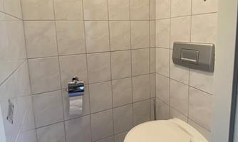 A modern bathroom with white tiles and a comfortable toilet. A purple rug and toilet paper holder complement the decor.