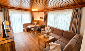 A cozy living room with wooden floor and wooden walls. There is a sofa, a table, and plenty of daylight through large windows.