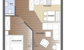 A floor plan sketch of an apartment with one bedroom, bathroom, kitchen, and living area. The terrace is also drawn in.