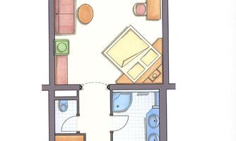 A schematic representation of an apartment with living room, bedroom, bathroom, and kitchen. The furniture is simply sketched and highlighted in color.