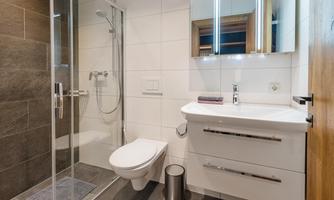 A modern bathroom with a walk-in shower and an elegant vanity. The walls are tiled in light-colored tiles, and there is plenty of natural light.